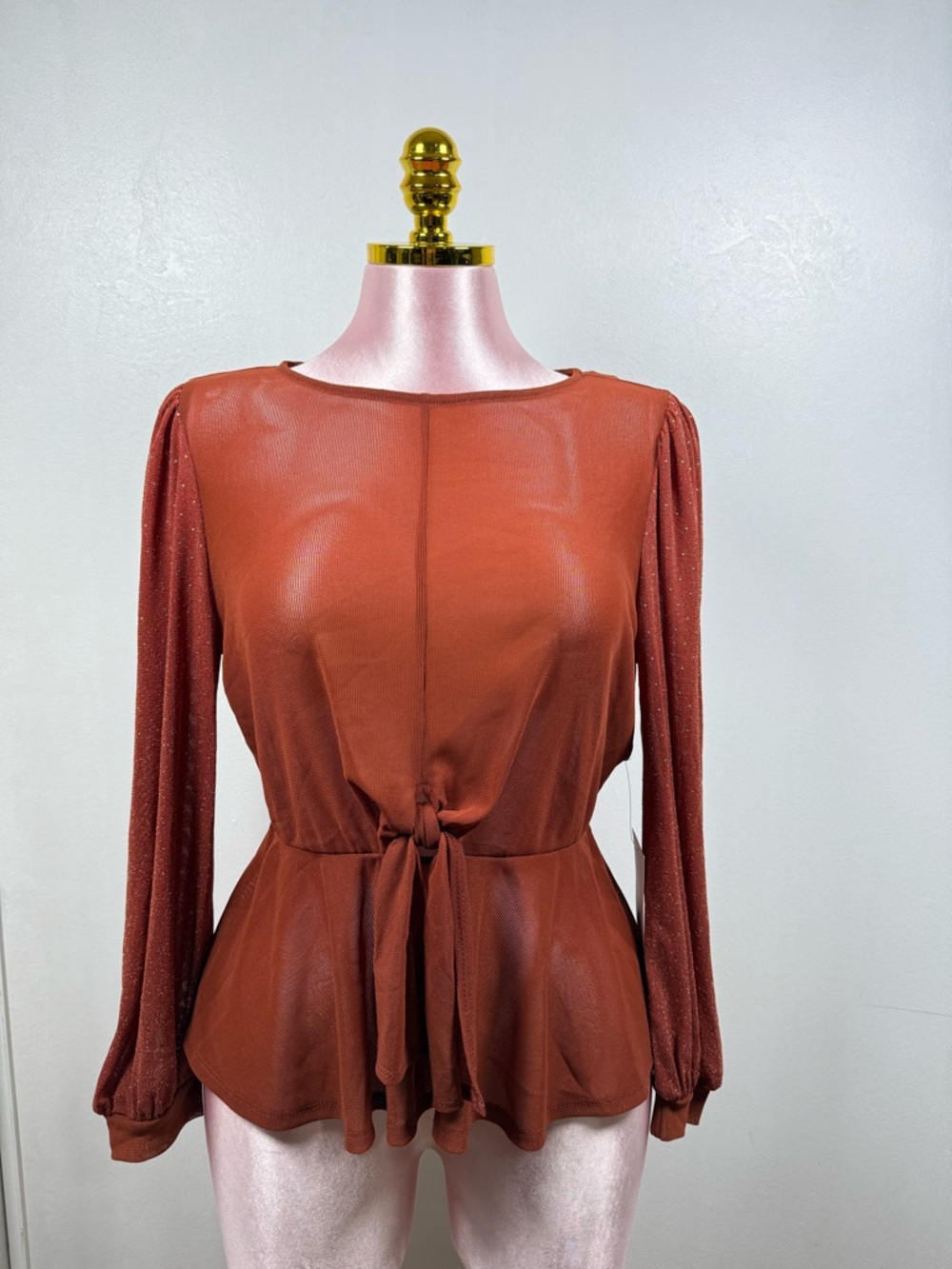 Luna Sheer Tie Front Blouse Rust Long Sleeve Peplum New Size M